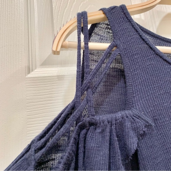 Free People Navy Blue Strappy Shoulder Raw Hem Ruffle Ribbed Tee T-Shirt Top - Picture 7 of 9